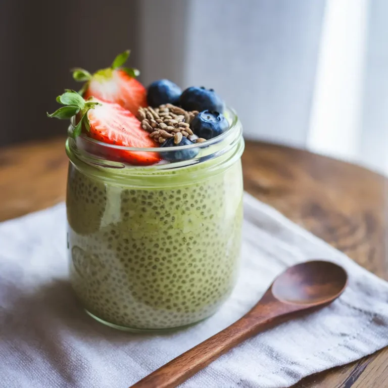 Pudding de chia au matcha et lait d’amande, garni de fruits frais, dans un bocal en verre.