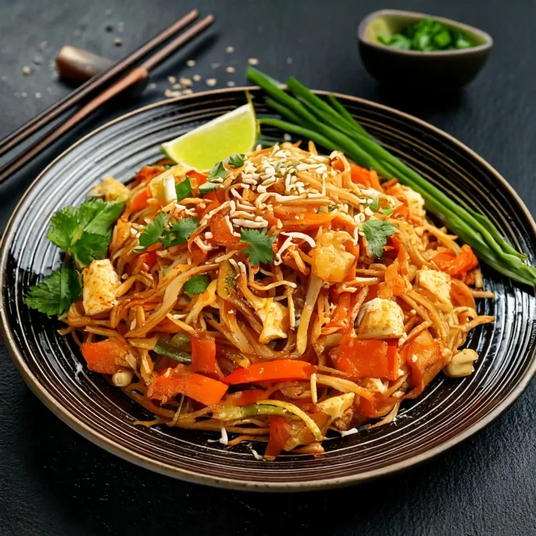 Pad Thaï végétarien avec tofu, légumes frais, cacahuètes et coriandre.