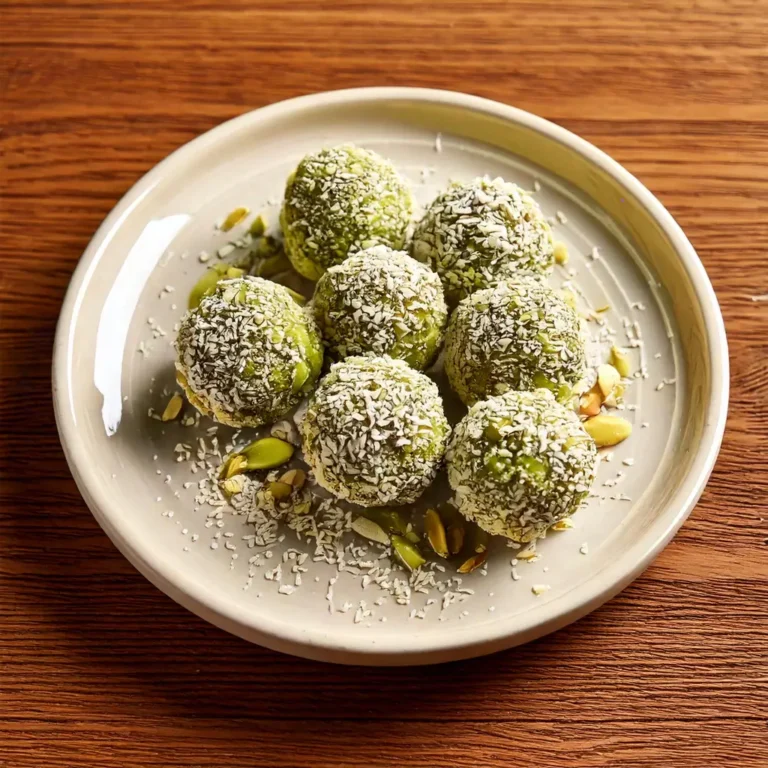 Energy balls à la pistache et dattes, enrobées de noix de coco et de pistaches, sur une assiette blanche.