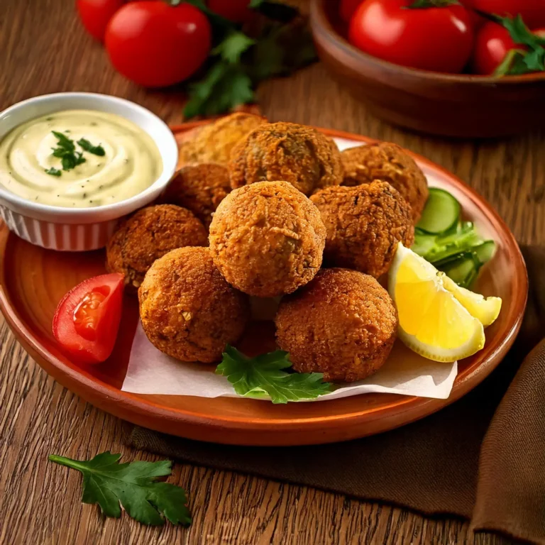 Falafels maison croustillants avec sauce tahini, servis avec des légumes frais et du citron.