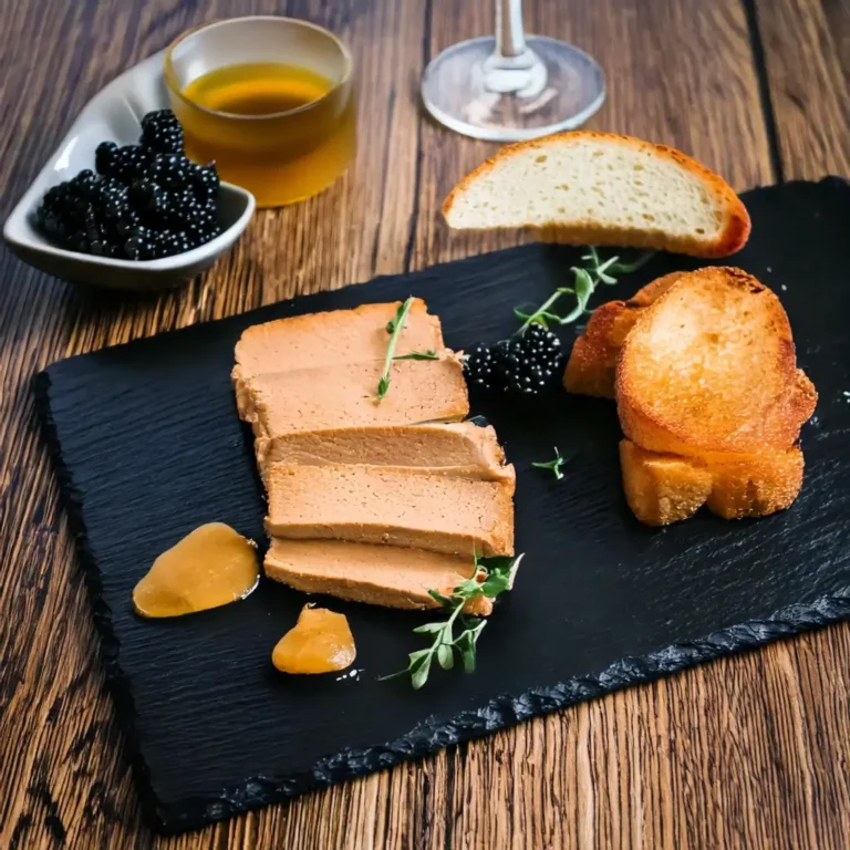 Tranche de foie gras maison, servie avec du pain grillé, des figues confites et une gelée de fruits rouges, posée sur une assiette blanche dans un décor de fête.