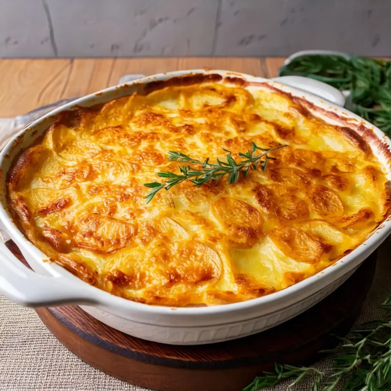 Gratin dauphinois végétal sans lactose, doré et crémeux, servi dans un plat à gratin décoré de fines herbes.