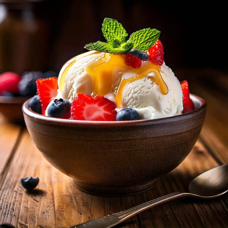 Delicious homemade ice cream with fresh fruits, honey drizzle, and mint leaves, served in a rustic bowl.
