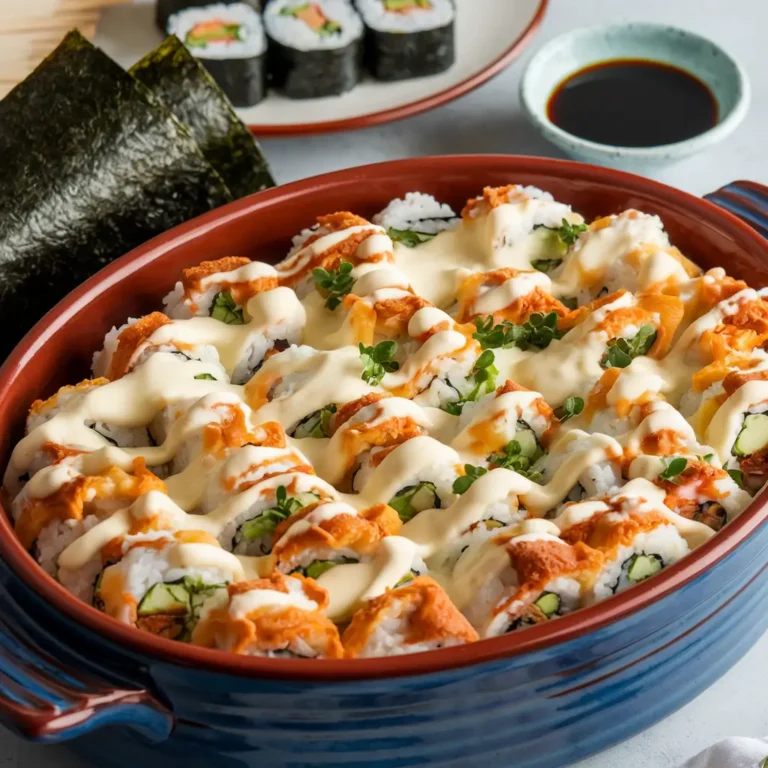 Plat de Sushi Bake doré au four avec garnitures et feuilles de nori.