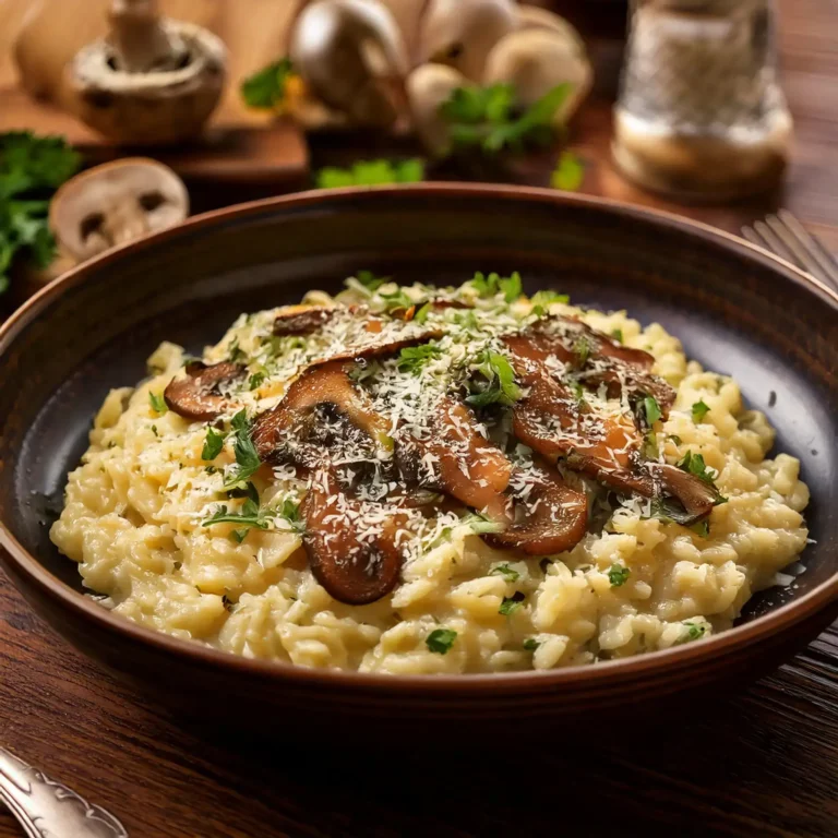 Risotto crémeux aux champignons et parmesan, garni de persil frais.