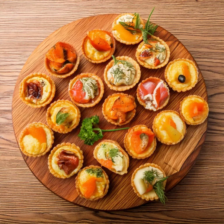 Petits fours salés pour apéritif : mini-quiches, rouleaux de saumon, bouchées au fromage et tartelettes aux légumes.