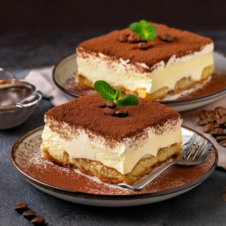 Classic and vegan Tiramisu served side by side, with creamy layers of mascarpone and tofu, topped with cocoa powder and coffee beans.
