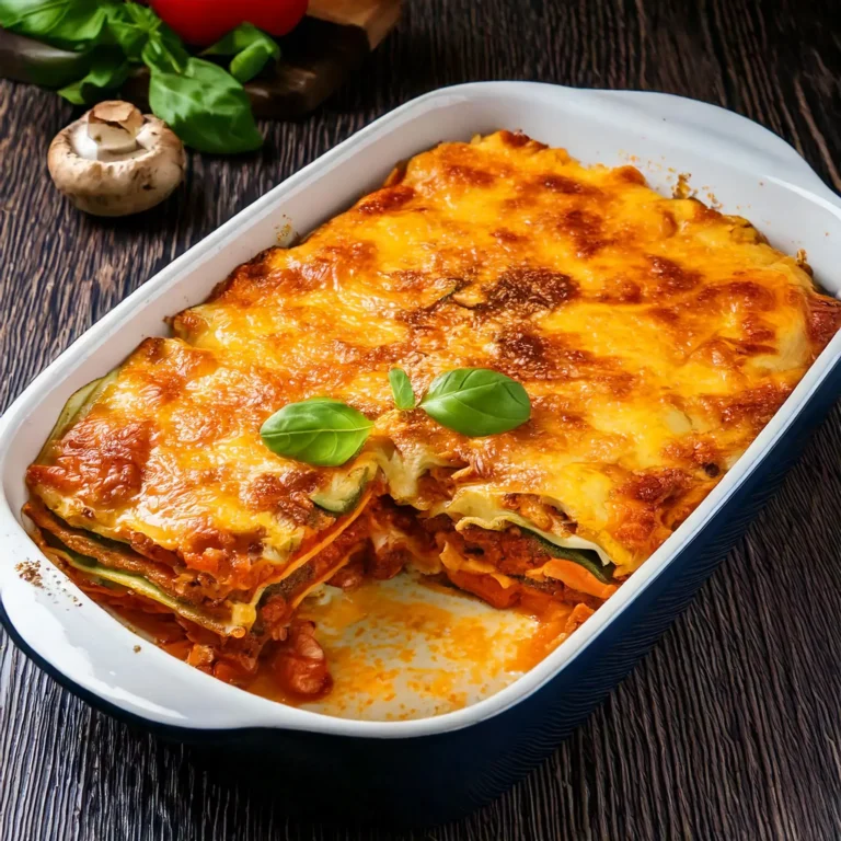 Lasagnes aux légumes et béchamel de noix de cajou, gratinées et dorées, dans un plat en céramique.