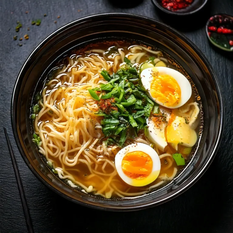 Un bol de ramen instantané maison avec un œuf mollet coupé en deux, du bouillon fumant, des légumes croquants et des nouilles savoureuses.
