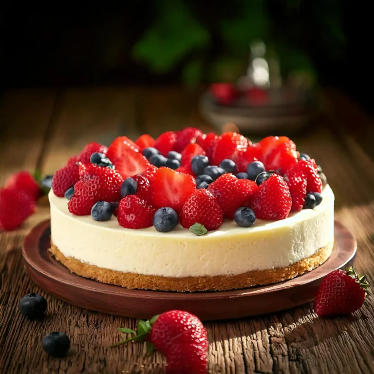 Cheesecake aux fruits rouges sans cuisson avec une garniture crémeuse, décoré de framboises, fraises et myrtilles.