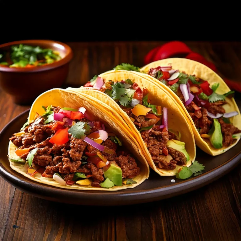 Tacos Mexicains au bœuf épicé garnis d'avocat, tomates, oignons rouges et coriandre.