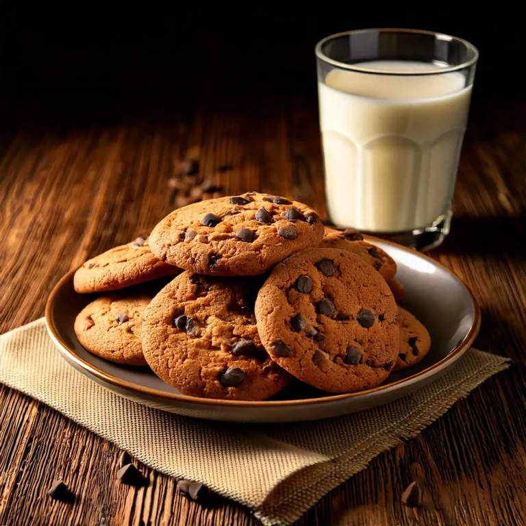 Une assiette de cookies moelleux aux pépites de chocolat, avec un verre de lait froid en arrière-plan, le tout présenté sur une table en bois rustique avec des pépites de chocolat éparpillées.
