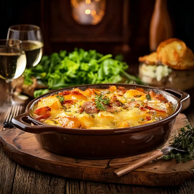 olden and bubbling tartiflette with melted reblochon cheese, served in a rustic ceramic gratin dish with a side of green salad. Cozy mountain chalet setting in the background.