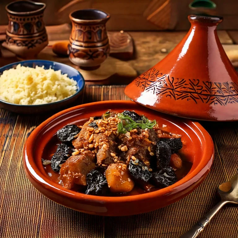 Un tajine d’agneau aux pruneaux garni d’amandes grillées et de coriandre, servi dans un plat en terre cuite traditionnel.