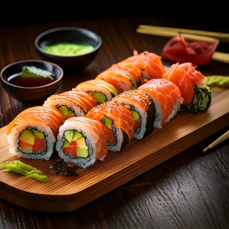 Sushis maison avec saumon, avocat et concombre, joliment disposés sur une assiette en bois.