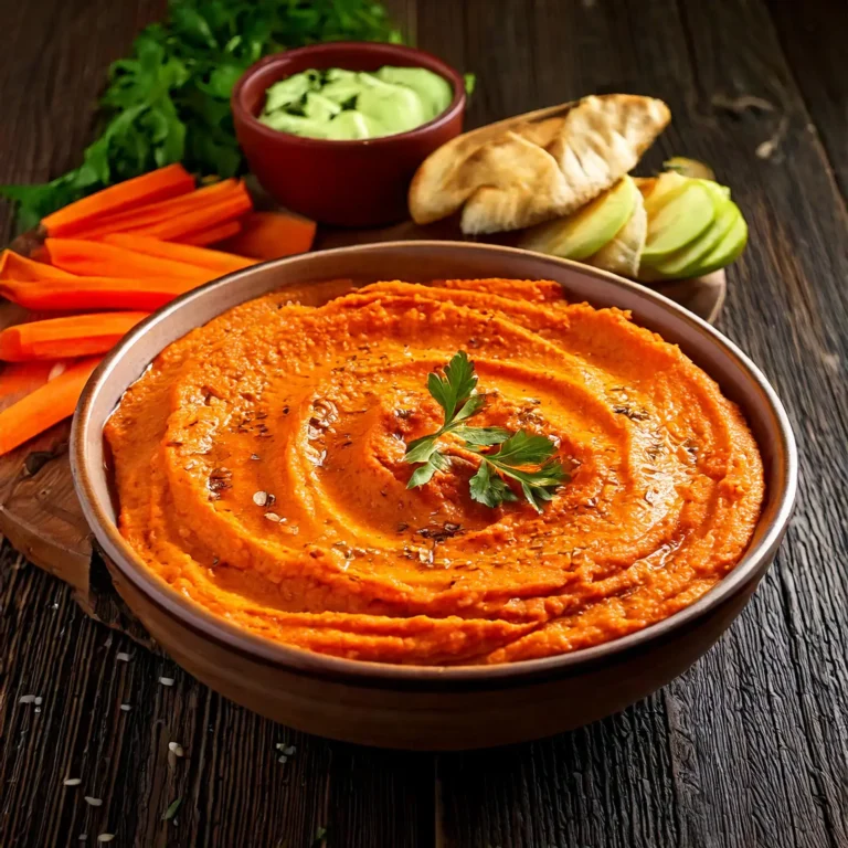 Un bol de houmous maison aux poivrons rôtis, garni de graines de sésame et de persil frais, arrosé d’huile d’olive. Servi avec des légumes croquants (carottes, concombres) et du pain pita, le tout disposé sur une table en bois rustique.