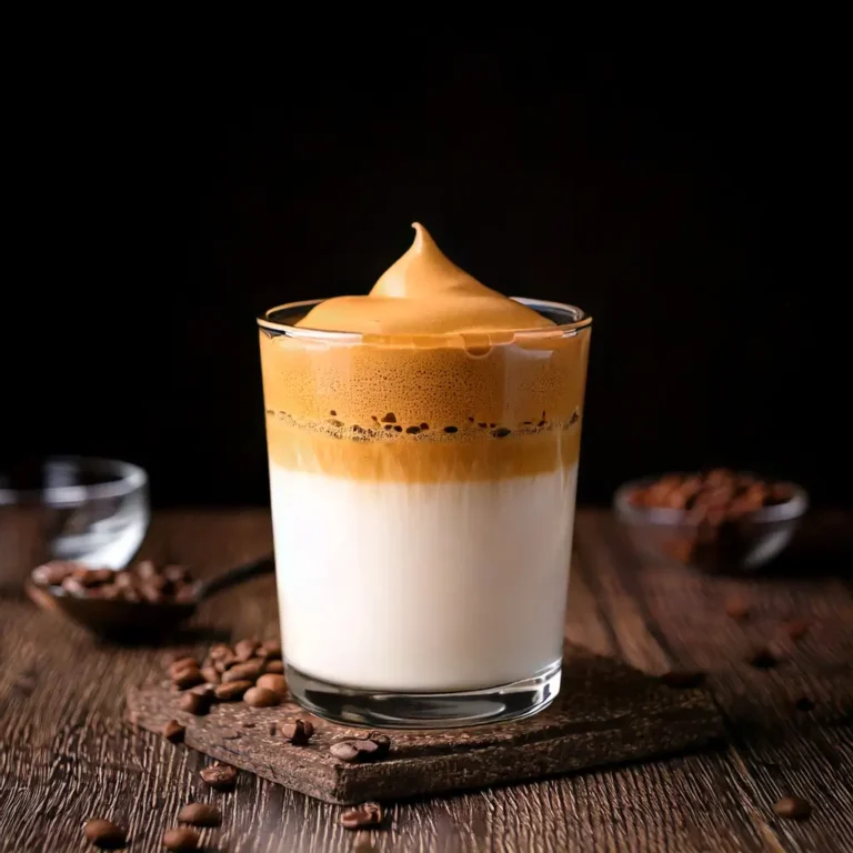 Verre de café Dalgona avec une mousse épaisse et onctueuse sur du lait froid et des glaçons, posé sur une table en bois rustique.