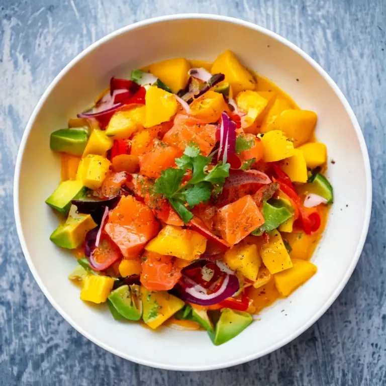 Ceviche de saumon, mangue et avocat, agrémenté d’oignon rouge, piment, coriandre, menthe et graines de courge, servi avec des quartiers de citron vert.