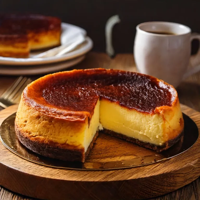 Cheesecake basque ultra fondant, coupé en parts, avec une texture lisse et crémeuse, garni de framboises fraîches et de coulis de fruits rouges, présenté sur une assiette blanche.