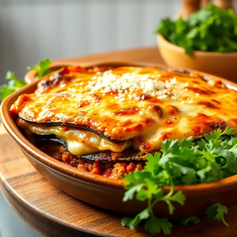 Vegetarian moussaka with layers of eggplant, zucchini, lentil tomato sauce, and béchamel, served in a rustic ceramic dish with a side of green salad. Cozy kitchen setting in the background.