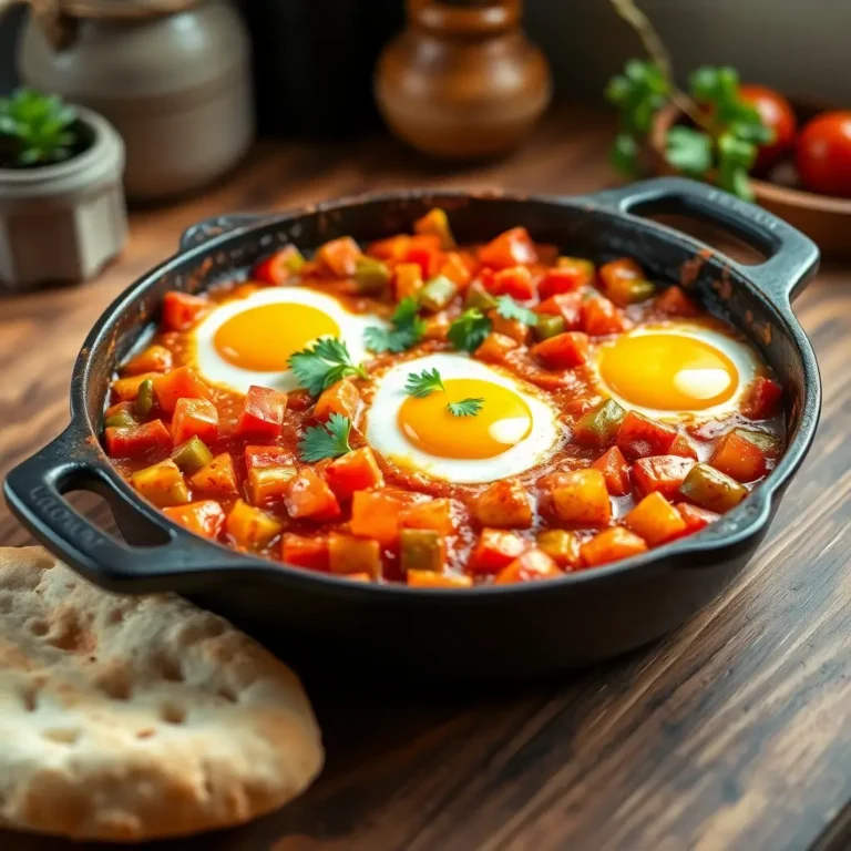 Chakchouka aux œufs et poivrons dans une poêle en fonte, avec des poivrons colorés, des tomates, des œufs moelleux et une garniture de coriandre fraîche, accompagnée de pain pita.