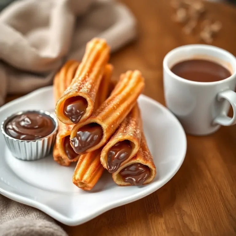 Churros fourrés à la pâte à tartiner, dorés et croustillants, saupoudrés de sucre cannelle.