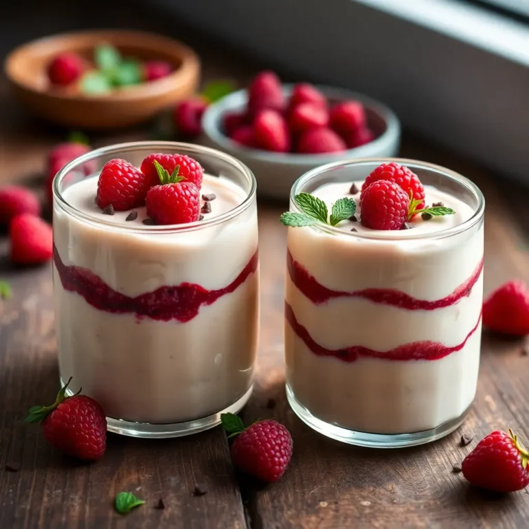 Mousse au chocolat blanc et framboise, en verrines, avec des couches distinctes et des garnitures fraîches, sur une table en bois.