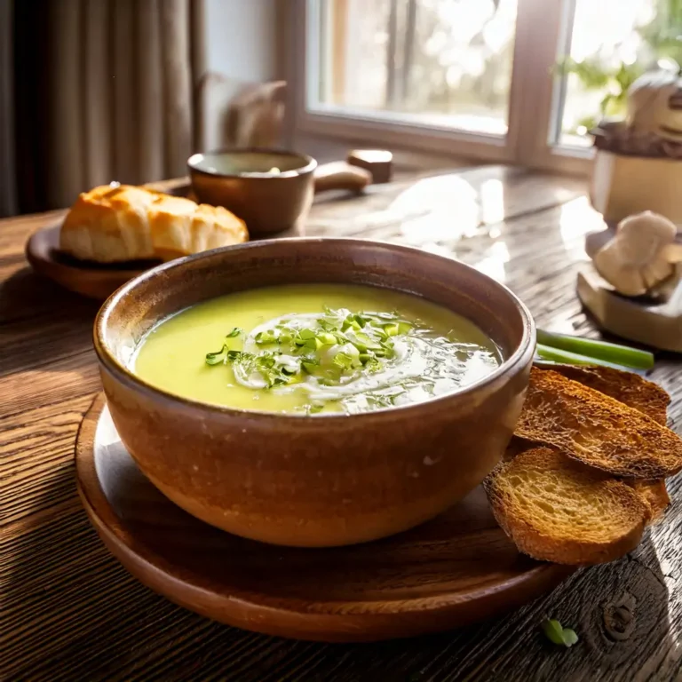 Un bol rustique rempli de crème de poireaux onctueuse et veloutée, garnie d'un filet de crème, de ciboulette fraîche et d'une pincée de poivre noir. Le bol est posé sur une table en bois près d'une grande fenêtre, avec la lumière naturelle mettant en valeur les textures et les couleurs de la soupe. Des tranches de baguette grillée et une petite coupelle de crème sont disposées à côté. L'ambiance est chaleureuse, ensoleillée et réconfortante.