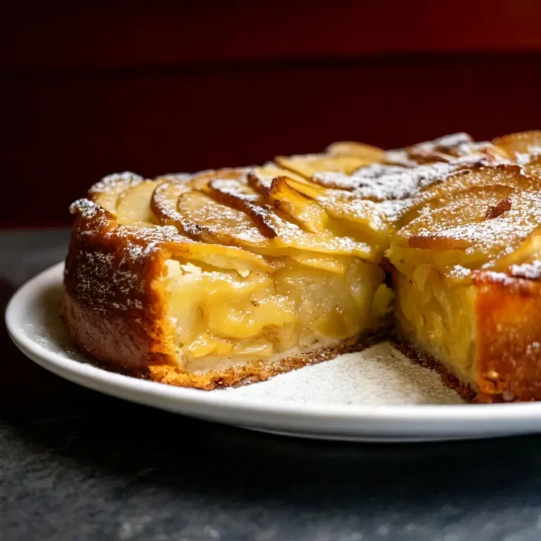 Gâteau invisible aux pommes et à la vanille, coupé en parts, avec des tranches de pommes bien visibles, saupoudré de sucre glace et présenté sur une assiette blanche.