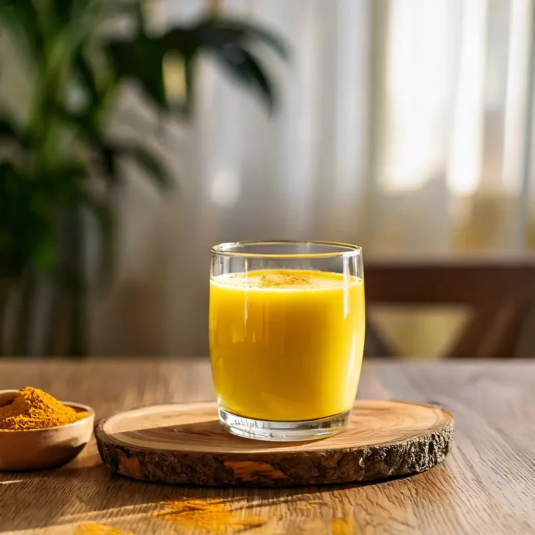 Lait d’or (golden milk) dans une tasse en céramique, avec une pincée de curcuma et une tranche de gingembre frais posées à côté.