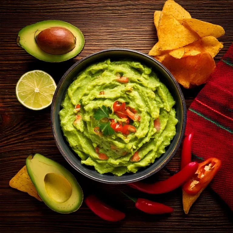 Bol de guacamole épicé avec des chips de maïs et des quartiers de citron vert.