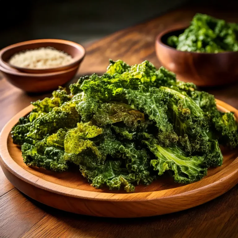 Chips de kale croustillantes servies sur une assiette en bois, saupoudrées de sel et légèrement dorées.