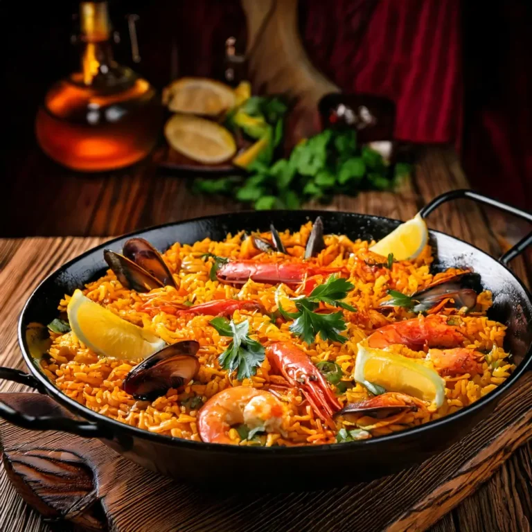 Photo réaliste d'une paella aux fruits de mer espagnole, servie dans une grande paellera. Le riz infusé au safran est doré, garni de crevettes, moules, calamars et palourdes, avec des quartiers de citron et du persil frais. Le fond est une cuisine rustique espagnole avec un éclairage chaud.