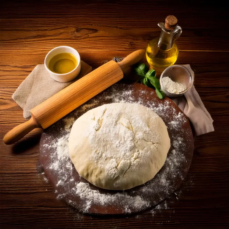 Une boule de pâte à pizza lisse et élastique, légèrement saupoudrée de farine, posée sur une surface en bois rustique. Un rouleau à pâtisserie, un petit bol de farine et un filet d'huile d'olive sont disposés à côté. L'éclairage naturel met en valeur les textures et les couleurs de la pâte, évoquant une ambiance chaleureuse et appétissante.