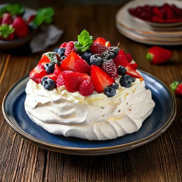 Pavlova garnie de chantilly et de fruits frais, présentée sur une table en bois.