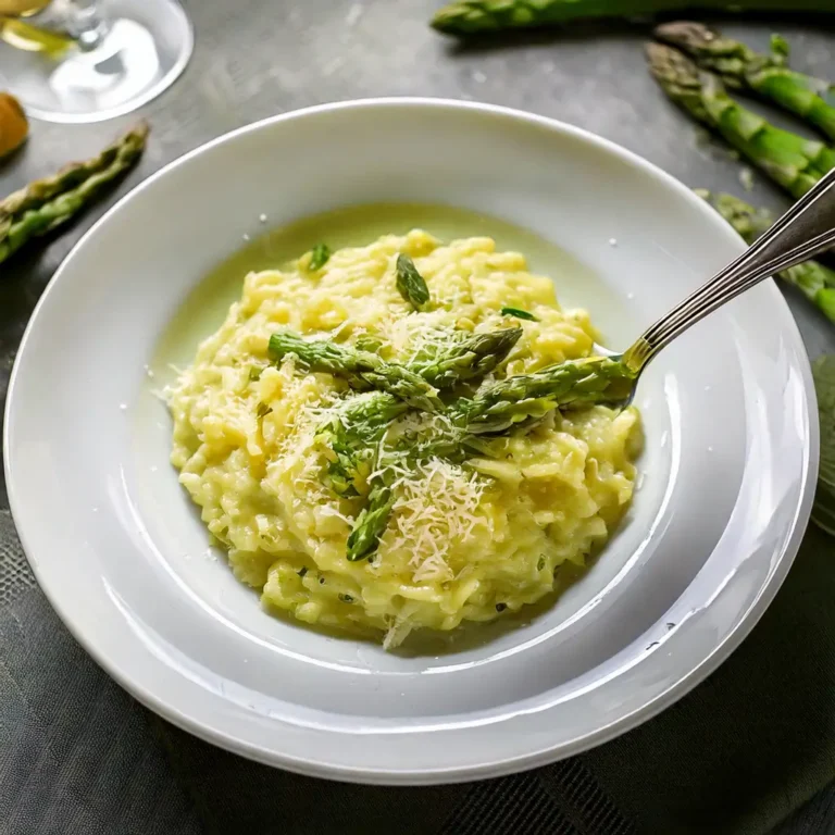 Risotto crémeux aux asperges et parmesan, dans une assiette blanche avec garniture fraîche.
