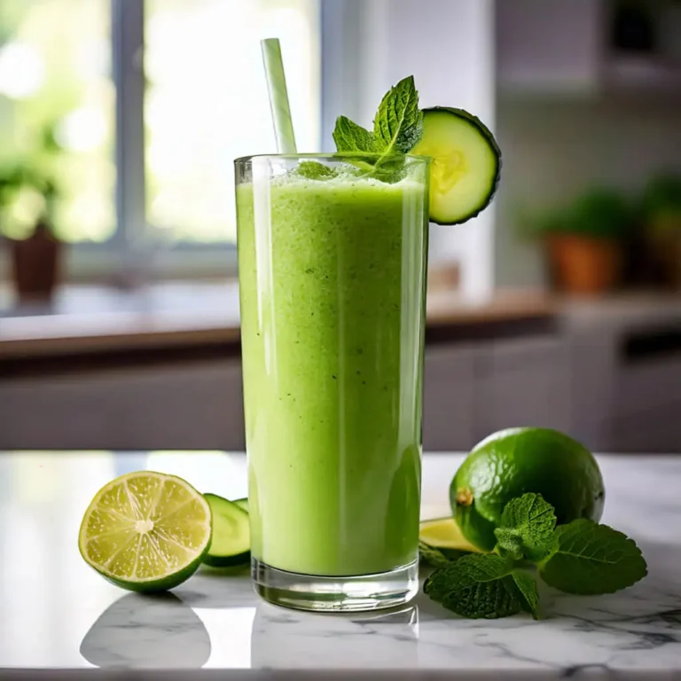 Photo réaliste d'un smoothie détox au concombre et citron vert, servi dans un grand verre avec une paille. Le smoothie est de couleur vert clair, avec des morceaux de concombre et des feuilles de menthe visibles. Le fond est un plan de travail de cuisine lumineux, avec un citron vert tranché et une branche de menthe en décoration.