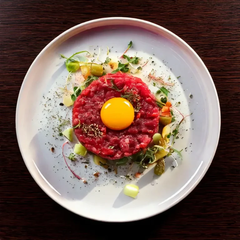 n tartare de bœuf en mode steak, parfaitement façonné, servi sur une assiette blanche, garni d'un jaune d'œuf frais au centre, de persil finement haché et d'une pincée de poivre noir. Des cornichons, des câpres et des tranches de pain grillé sont disposés à côté. L'éclairage naturel met en valeur les couleurs et les textures du plat, créant une ambiance élégante et appétissante.