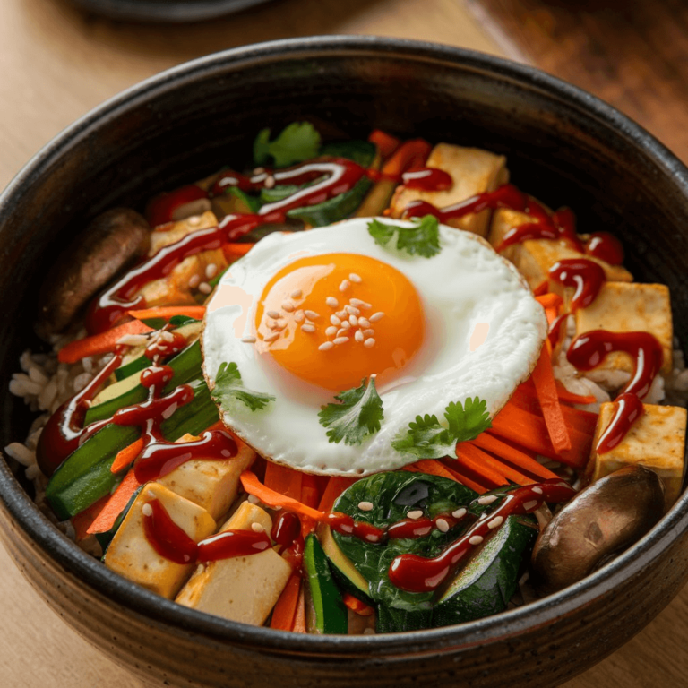 Bibimbap coréen aux légumes et tofu, avec riz, légumes sautés, tofu grillé et œuf au plat, dans un bol en céramique.