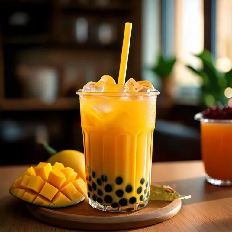 Bubble tea à la mangue, avec perles de tapioca, purée de mangue et dés de mangue fraîche, dans un verre transparent.