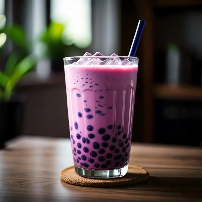 Verre de café Dalgona avec une mousse épaisse et onctueuse sur du lait froid et des glaçons, posé sur une table en bois rustique.