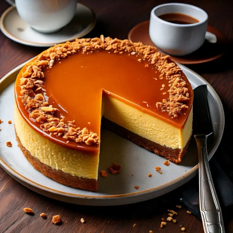 Cheesecake au speculoos et caramel salé, avec un topping lisse et des morceaux de biscuits speculoos, servi sur une assiette blanche.