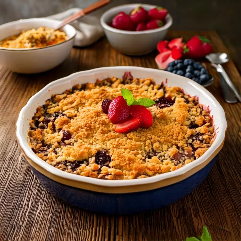 Crumble aux fruits rouges avec des fraises, framboises et myrtilles, surmonté d'une garniture croustillante dorée, servi dans un plat en céramique rustique posé sur une table en bois.