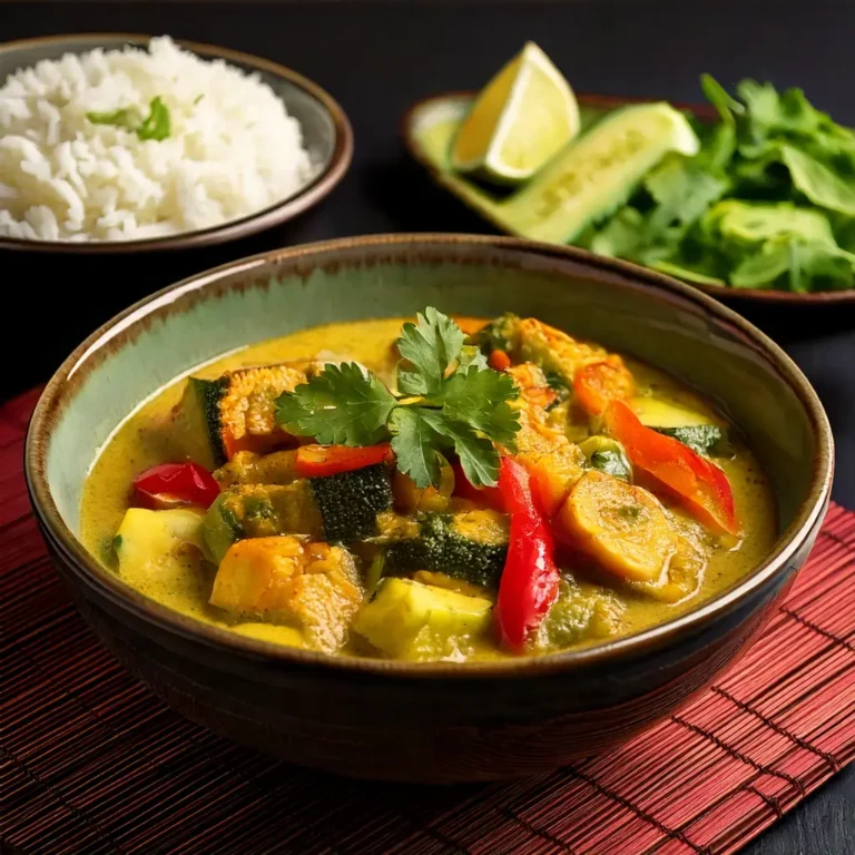 Curry vert thaï aux légumes dans un bol en céramique, avec aubergine, courgette, poivron rouge et brocoli, garni de basilic thaï et de coriandre, accompagné de riz thaï.