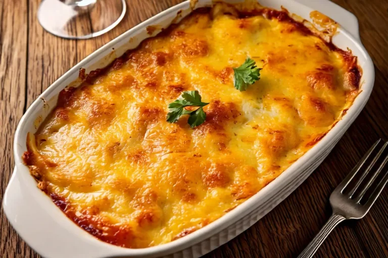 Gratin de pâtes moelleux et fromagé, garni de persil frais, servi dans un plat en céramique, avec une fourchette et un verre de vin blanc en arrière-plan.