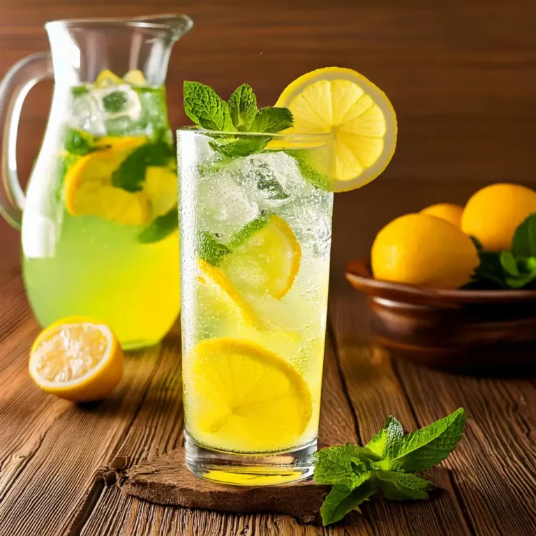 limonade maison à la menthe, servie dans un grand verre avec des glaçons, une tranche de citron et une branche de menthe fraîche. La boisson est d'un jaune clair, avec des bulles visibles. Le fond est une table en bois rustique, avec une carafe de limonade et un bol de citrons et de feuilles de menthe en décoration.