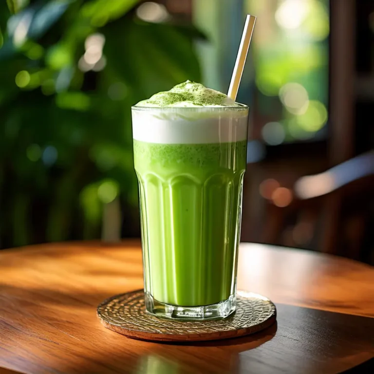 Photo réaliste d'un matcha latte glacé, servi dans un grand verre avec une paille. La boisson est d'un vert éclatant, avec une couche mousseuse sur le dessus et des glaçons visibles. Le fond est un décor de café lumineux, avec un petit bol de poudre de matcha et un fouet en bambou en décoration.