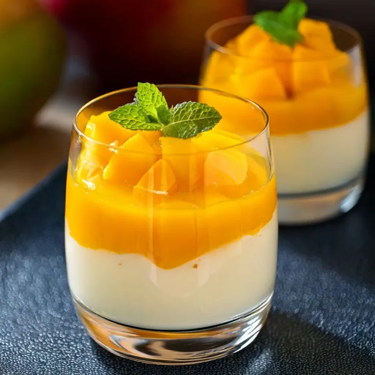 Panna cotta au lait de coco et mangue dans une verrine, avec un coulis de mangue, des quartiers de mangue fraîche et une feuille de menthe pour la décoration.