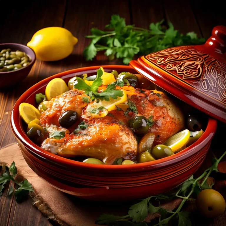 Photo réaliste d'un poulet au citron et aux olives marocain, servi dans un plat traditionnel en tagine. Le poulet est doré et tendre, entouré d'olives vertes et de tranches de citron, avec une touche de coriandre fraîche. Le fond est une cuisine rustique avec un éclairage chaud.