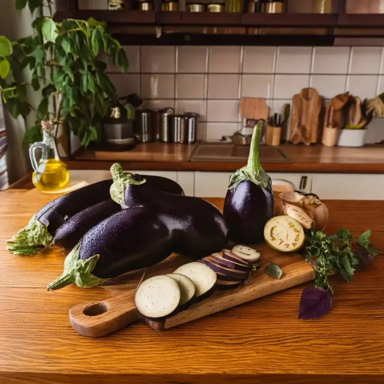 Aubergines fraîches sur un plan de travail en cuisine, coupées en rondelles et en dés, prêtes pour différentes préparations culinaires.